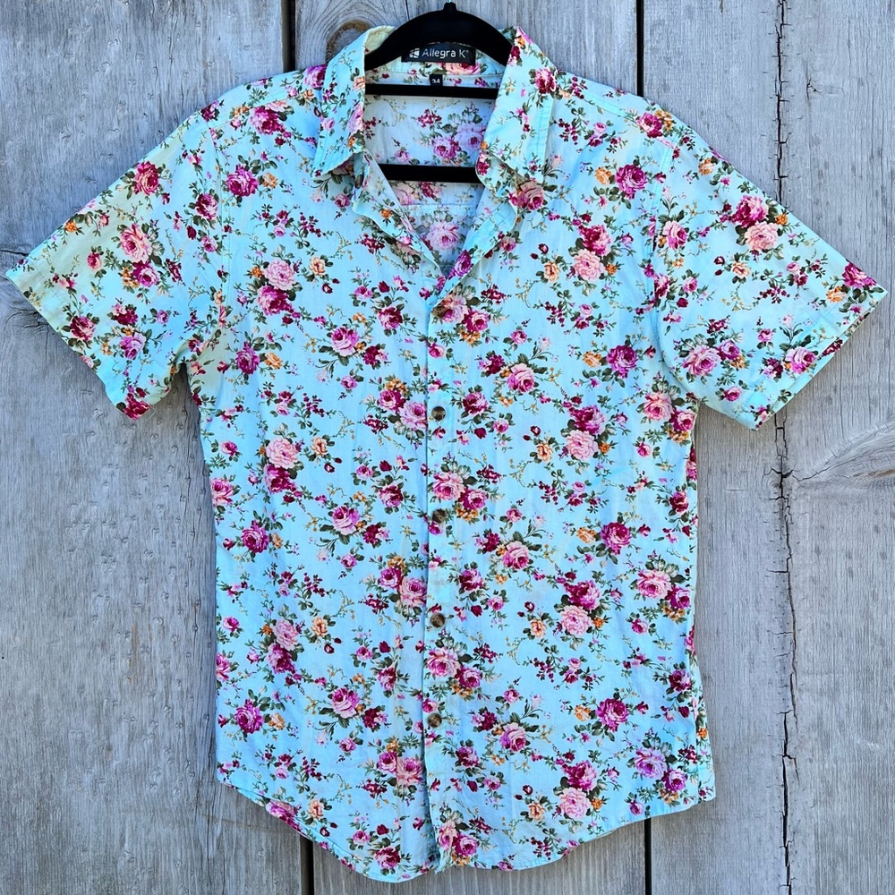 Allegra K 100% cotton floral rose pattern short sleeve button down collared top